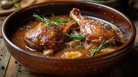 A comforting bowl of duck confit with savory sauce and herbs, displayed on a wooden table, capturing the essence of rustic French cuisine.の素材