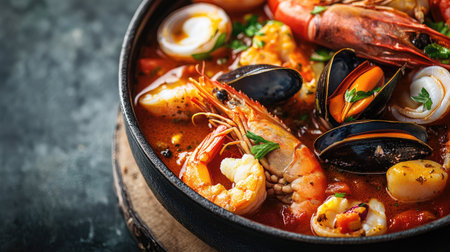 A closeup of bouillabaisse showcasing its rich broth and seafood, beautifully arranged on a neutral background, offering generous copy space for menus or promotions.の素材