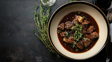 A bowl of Boeuf Bourguignon with beef, wine sauce, and herbs on the bottom left, leaving space on the right for copy, ideal for food blogs or restaurant promotions.の素材