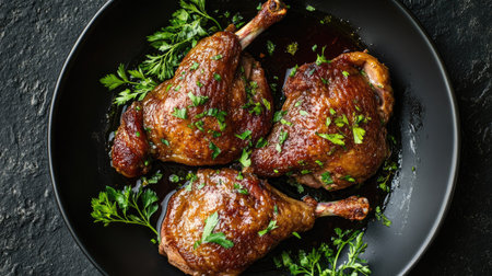 A closeup, top view of duck confit with perfectly crispy skin on a dark plate, garnished with fresh herbs, placed on a textured background.の素材
