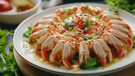 A beautifully presented plate of steamed egg crab, showcasing the tender meat drizzled with a rich spicy seafood sauce, surrounded by fresh herbs and colorful garnishes for a vibrant dish.の素材