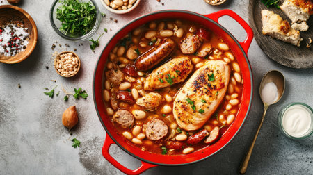 Cassoulet in a bright red pot, filled with chicken breast, sausages, and white beans, placed on a grey concrete background with ingredients and utensils, horizontal top-down view.の素材