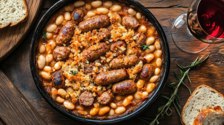 A close-up, top view of a cassoulet with tender white beans, juicy sausages, and crispy breadcrumbs, placed on a wooden table with a glass of red wine nearby.の素材
