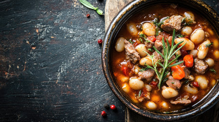 A close-up of cassoulet in a rustic bowl on a textured background, with room for text on the upper right, suitable for culinary websites or social media posts.の素材