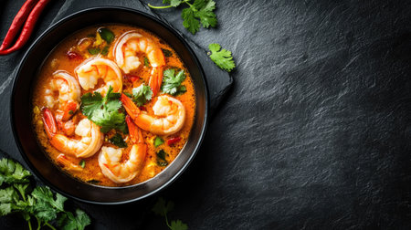 A cozy presentation of tom yum kung with shrimp in a black bowl, garnished with fresh herbs, beautifully showcased on a dark stone background with ample copy space.の素材