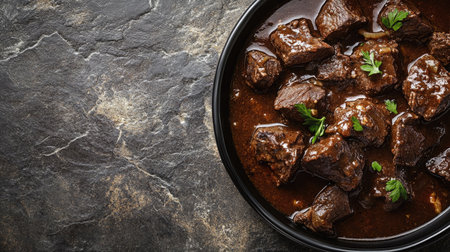A close-up of Boeuf Bourguignon on the left side, with tender beef and rich sauce, set on a textured surface with generous space for headlines or promotional text on the right.の素材