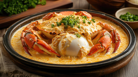 A deliciously crafted plate of steamed egg crab, filled with creamy fresh milk, and generously toppedの素材
