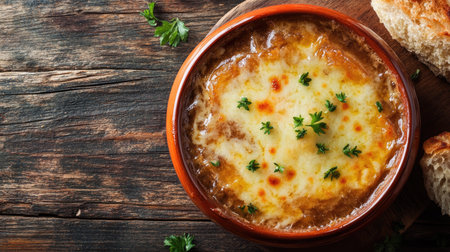 A delicious bowl of French onion soup with a rich cheese topping, captured from above with fresh herbs sprinkled, perfect for showcasing home-cooked meals.の素材