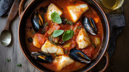 A delicious top view of seafood bouillabaisse, featuring chunks of cod and mussels in a flavorful red wine tomato sauce,の素材
