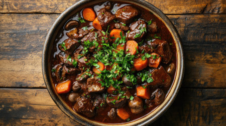 A top view of a rich Boeuf Bourguignon with tender beef, carrots, and mushrooms in a deep bowl, served with fresh herbs and a rustic wooden table underneath. -の素材