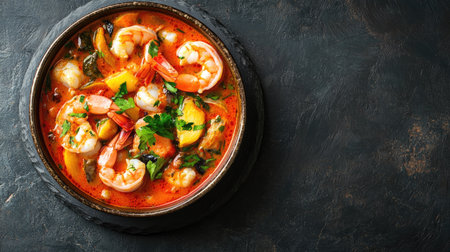 A delightful bowl of moqueca filled with fish and shrimp, beautifully styled on a dark slate tabletop, with a clear area for text or branding needs.の素材