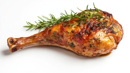 A single roasted duck leg, glistening with juices and garnished with fresh herbs, captured against a white background, making it a perfect centerpiece for culinary promotions.の素材
