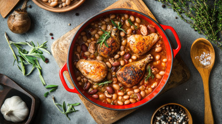 A flavorful French cassoulet with chicken, sausages, and beans in a red pot, placed on a grey concrete background with wooden spoonsの素材