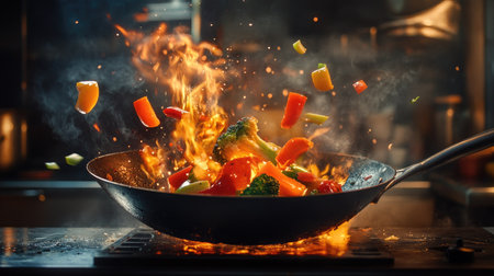 A fiery wok pan filled with vegetables, tossed into the air by a chef, captured in action with flames swirling around, highlighting dynamic cooking.の素材