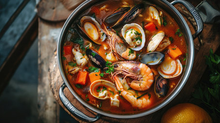 A warm and inviting seafood stew in a traditional saucepan, showcasing an array of fresh seafood, vibrant vegetables, and a richの素材