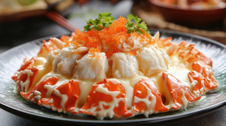 A deliciously crafted plate of steamed egg crab, filled with creamy fresh milk, and generously toppedの素材