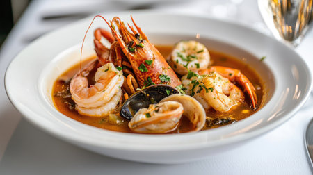An inviting bowl of bouillabaisse soup filled with langoustines and seafood, artfully poured into a white plate on a white tablecloth, creating a stunning dining experience.の素材