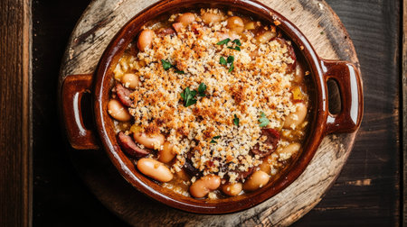 A top-down view of a traditional French cassoulet in a rustic dish, featuring beans, sausages, and tender meats, with crispy breadcrumbs on top. Perfect for culinary blogs.の素材