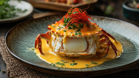A delightful serving of steamed egg crab, showcasing the creamy interior filled with fresh milk and topped with a vibrant spicy seafood sauce,の素材