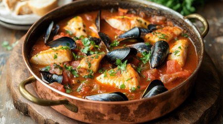 A mouthwatering shot of traditional French bouillabaisse, showcasing cod fish and mussels in a rich red wine tomato sauce,の素材