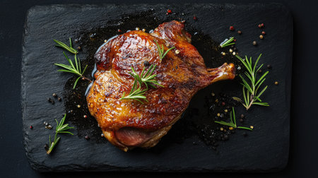 A top view of a succulent baked duck thigh, seasoned and roasted, garnished with rosemary, set against a striking black stone cutting board for a refined presentation.の素材