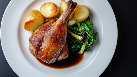 A top view of duck confit served on a white plate with a side of saut greens and potatoes, beautifully styled for a gourmet dining experience.の素材