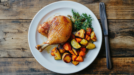 Top view of crispy duck confit leg on a white plate, golden skin glistening with a side of roasted vegetables, captured from above on a rustic wooden table.の素材