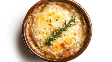 Top view of a rustic bowl of French onion soup, highlighting the golden cheese and savory onions, isolated on a clean white background for a fresh culinary presentation.の素材