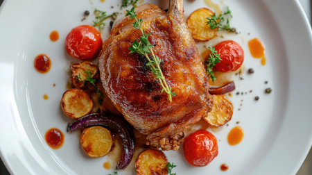 Top-down closeup of a duck confit leg with crispy skin, surrounded by roasted vegetables and herbs, presented on a white plate for an elegant look. -の素材
