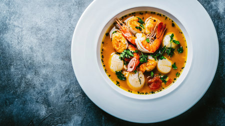 Top view of a luxurious bouillabaisse soup with seafood, including scallops and langoustines, beautifully presented in a white plate, captured as it poured from a bowl.の素材