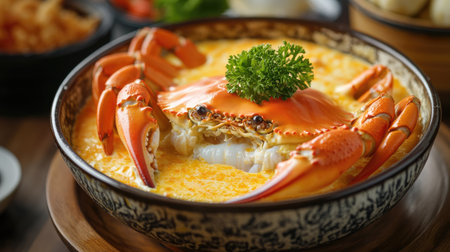 An inviting shot of steamed egg crab, showcasing the creamy interior filled with fresh milk, drizzled with a spicy seafood sauce, perfect for highlighting this delicious seafood delicacy.の素材