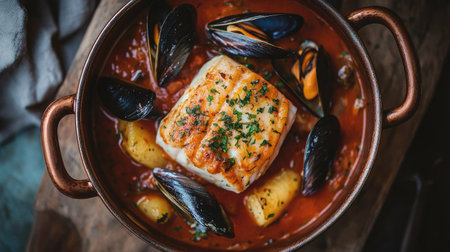 Top-down view of a hearty seafood bouillabaisse, featuring succulent cod and mussels bathed in a delicious red wine tomato sauce, presented in a rustic copper casserole for an inviting meal.の素材