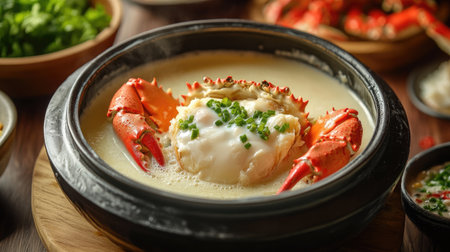 An inviting shot of steamed egg crab, showcasing the creamy interior filled with fresh milk, drizzled with a spicy seafood sauce, perfect for highlighting this delicious seafood delicacy.の素材