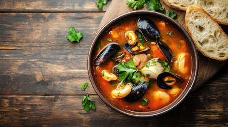 An inviting top view of steaming bouillabaisse soup, filled with a variety of seafood, including mussels and fish, garnished with fresh parsley, served alongside crusty bread on a wooden table.の素材