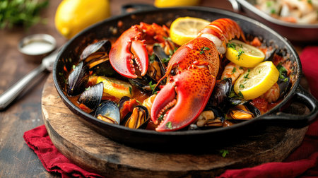 Close-up of hot, broiled halved Maine lobster with vibrant lemon slices, accompanied by a rich bouillabaisse mussels seafood stew in a pan, presented on a wooden board with a red napkin.の素材