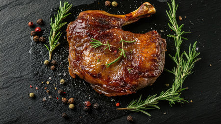 Close-up, flat lay of a succulent baked duck thigh with aromatic spices and sprigs of rosemary, beautifully presented on a dark stone cutting table, highlighting the rich textures.の素材