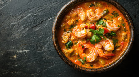 An inviting bowl of moqueca filled with shrimp, fish, and vegetables, elegantly arranged on a dark slate table, providing plenty of copy space for promotional textの素材