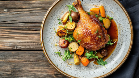 Top view of a duck confit leg, crispy and golden, surrounded by vegetables and a light sauce, presented on a ceramic plate on a rustic wood table.の素材