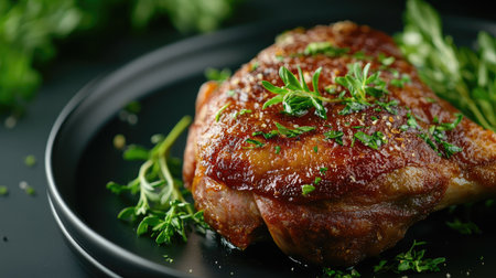 Duck confit leg with crispy skin, garnished with herbs, captured in closeup on a black plate, with space on the right for text, ideal for food-related content.の素材