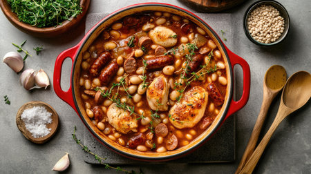 Top view of a red pot filled with hearty cassoulet featuring chicken breast, sausages, and white beans, arranged on a grey concrete table with ingredients and wooden spoons.の素材