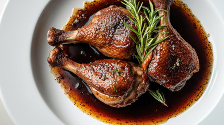 Elegant presentation of duck confit with tender duck legs, garnished with rosemary and served alongside a rich sauce, set against a light background. -の素材