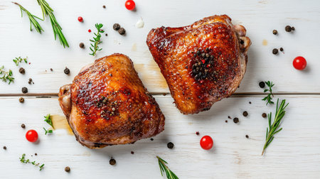 Top view of two perfectly roasted duck thighs with vegetables and spices, placed on a white wooden surface, ideal for food blogs or recipe layouts.の素材