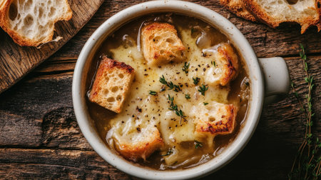 Top-down shot of classic French onion soup, featuring perfectly baked cheese croutons sprinkled with thyme, set against a rustic wooden table backdrop.の素材