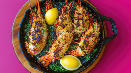 Top view of succulent spiny lobster, grilled to perfection and topped with lemon and parsley bread crumbs, elegantly presented in a cast iron skillet on a wooden serving plate with a bold magenta background.の素材