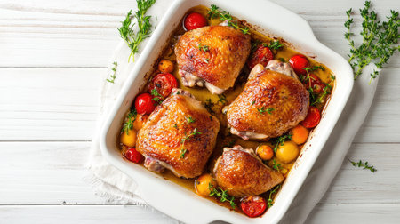 Two golden-brown duck thighs baked with vegetables and herbs, captured from above on a white wooden background. Flat lay for clean food presentation.の素材