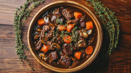 Boeuf Bourguignon in a round dish, captured from above, with beef, carrots, and mushrooms in a rich sauce, surrounded by fresh thyme on a rustic wooden surface.の素材