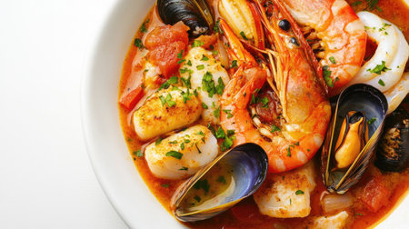 A warm and inviting shot of bouillabaisse, featuring an array of fish and shellfish in a spicy broth, elegantly garnished and set against a white background,の素材