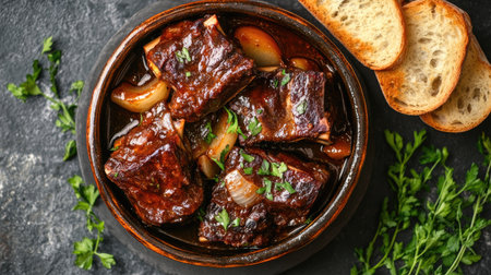 A top view of beef ribs stewed in red wine with onions and carrots, served in a rustic dish with a side of bread, set on a stone background with fresh herbs scattered aroundの素材
