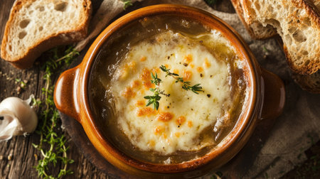 Top view of a hearty serving of French onion soup, featuring golden cheese and crispy bread, beautifully styled for a comforting culinary experience.の素材