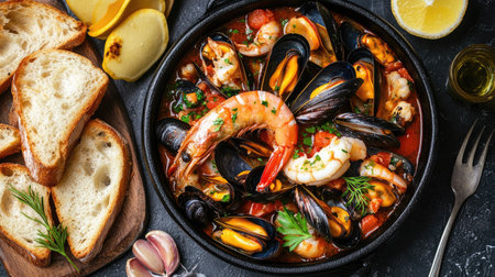 An inviting top view of bouillabaisse filled with colorful seafood and mussels, beautifully styled with a side of crunchy garlic toast baguette for an appetizing meal.の素材
